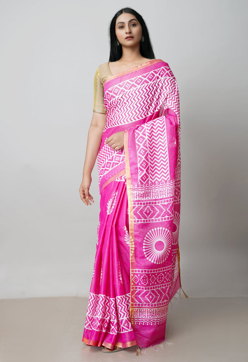 Pink  Block Printed Chanderi Cotton Silk Saree-UNM72890