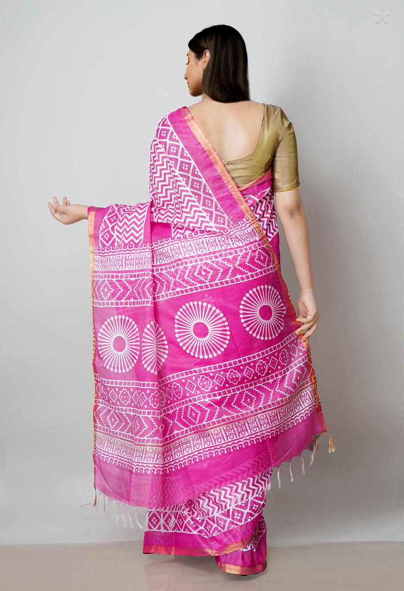 Pink  Block Printed Chanderi Cotton Silk Saree-UNM72890