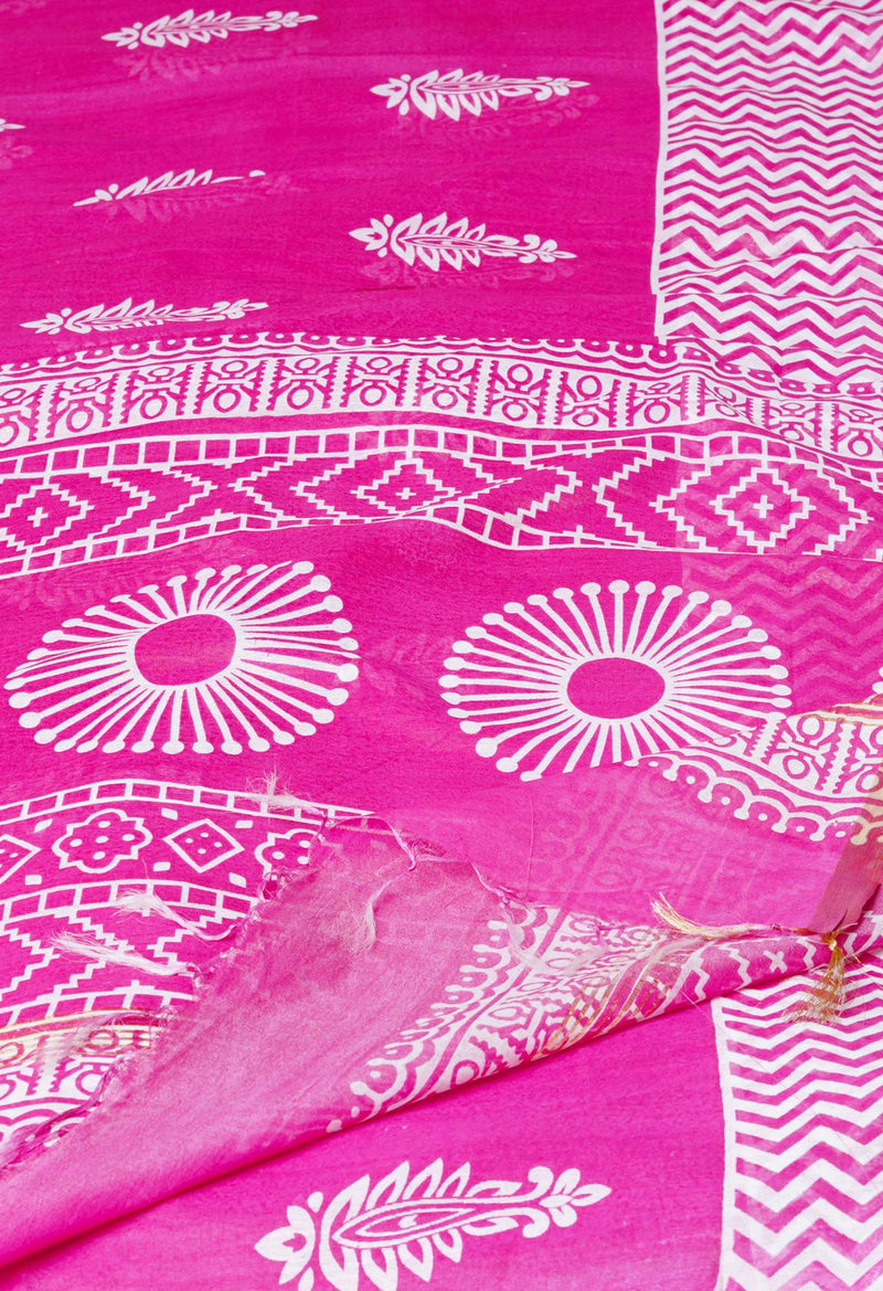 Pink  Block Printed Chanderi Cotton Silk Saree-UNM72890
