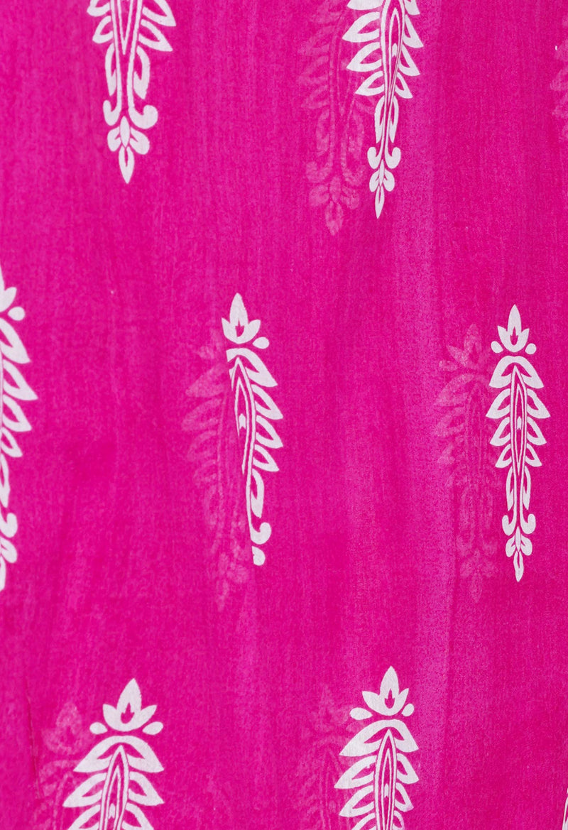Pink  Block Printed Chanderi Cotton Silk Saree-UNM72890
