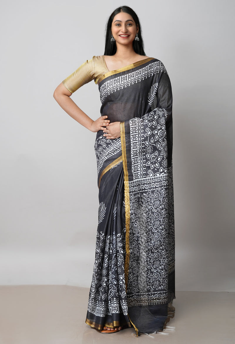 Black  Block Printed Chanderi Cotton Silk Saree-UNM72893