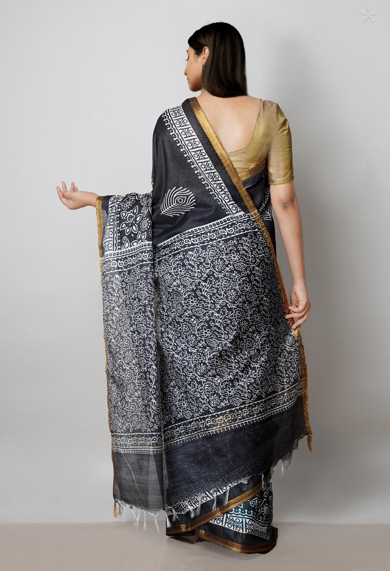 Black  Block Printed Chanderi Cotton Silk Saree-UNM72893