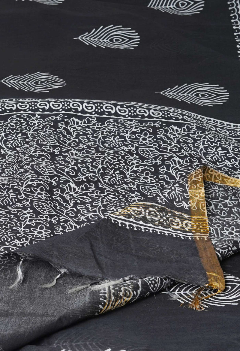 Black  Block Printed Chanderi Cotton Silk Saree-UNM72893