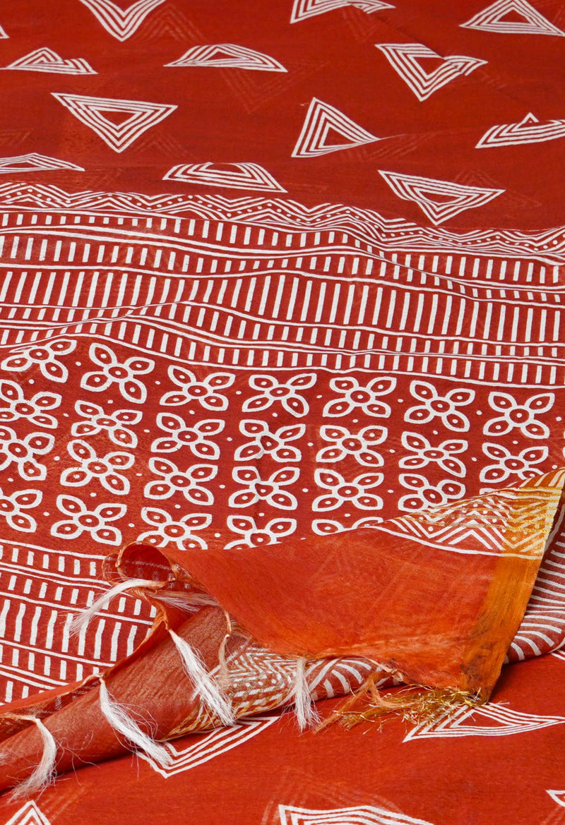 Bronze Orange  Block Printed Chanderi Cotton Silk Saree-UNM72895