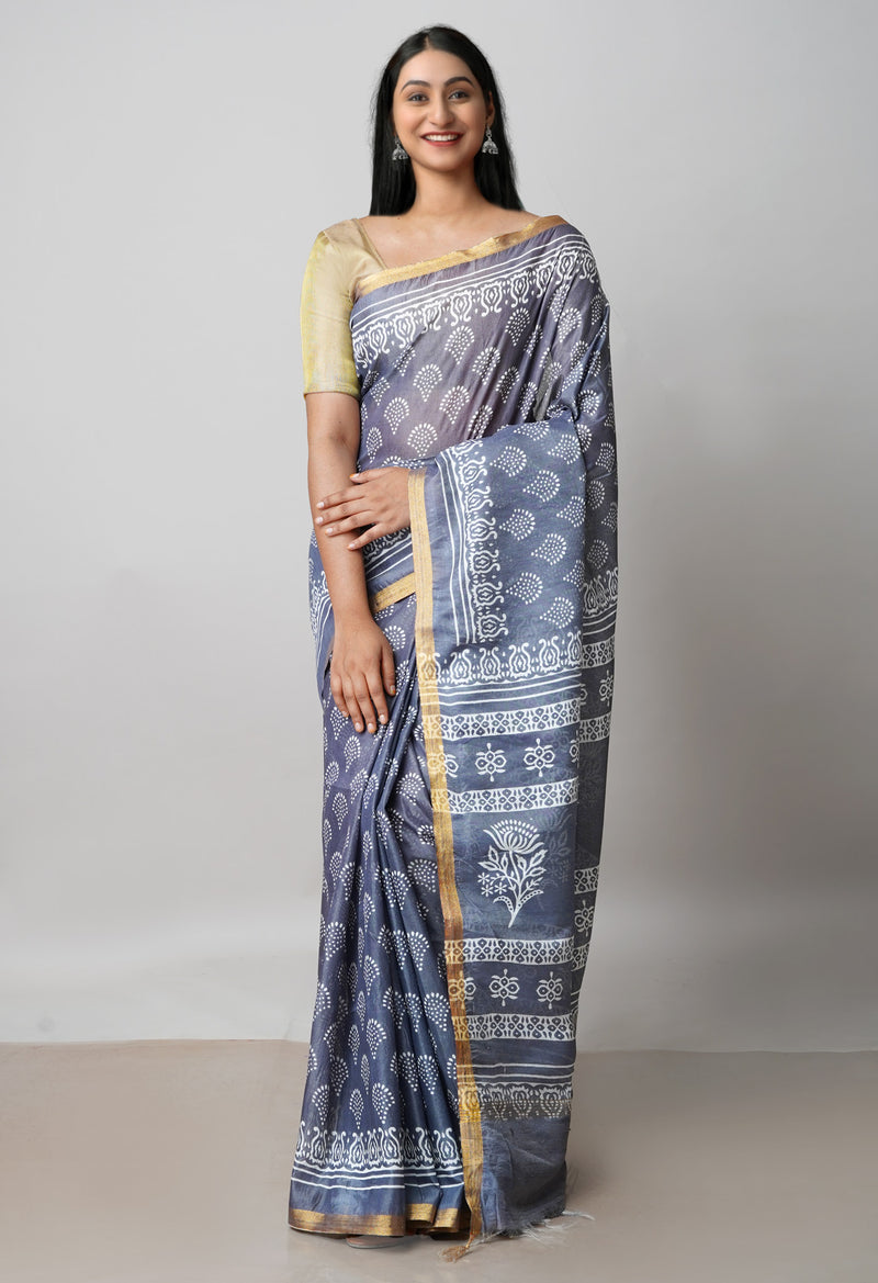 Grey  Block Printed Chanderi Cotton Silk Saree-UNM72897