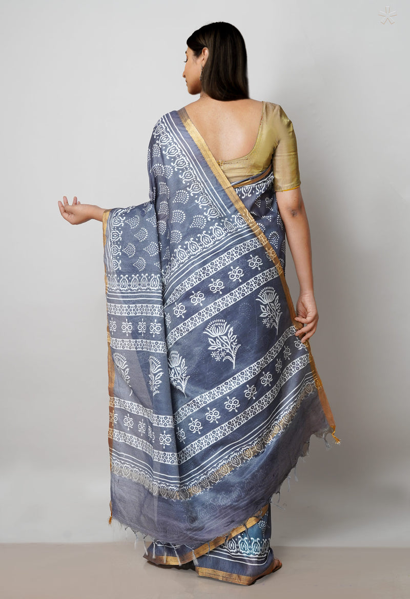 Grey  Block Printed Chanderi Cotton Silk Saree-UNM72897