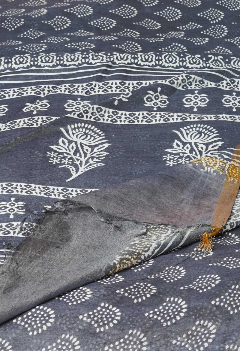 Grey  Block Printed Chanderi Cotton Silk Saree-UNM72897