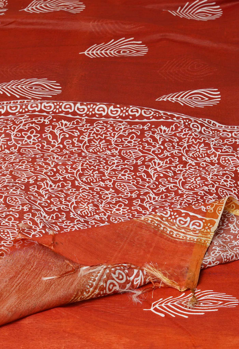 Bronze Orange  Block Printed Chanderi Cotton Silk Saree-UNM72898