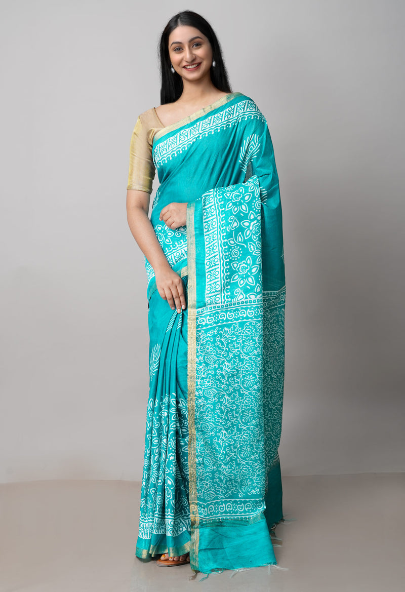 Teal Green  Block Printed Chanderi Cotton Silk Saree-UNM72899