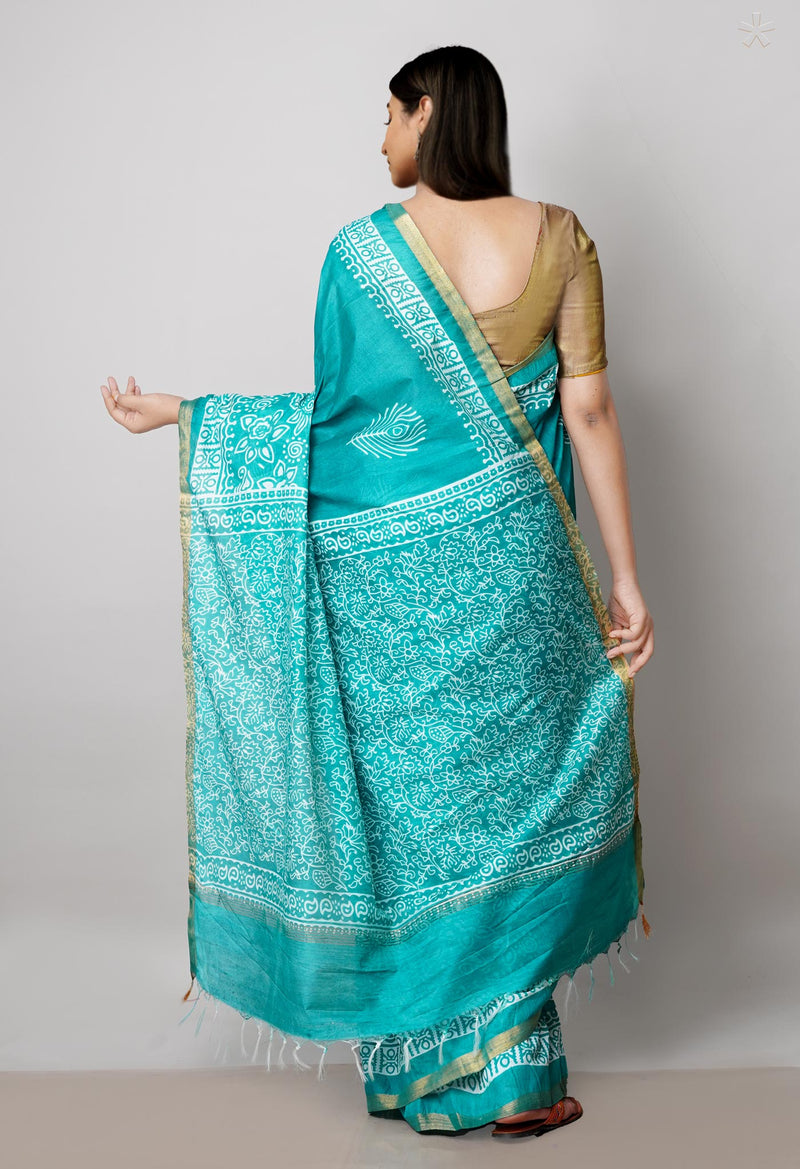 Teal Green  Block Printed Chanderi Cotton Silk Saree-UNM72899
