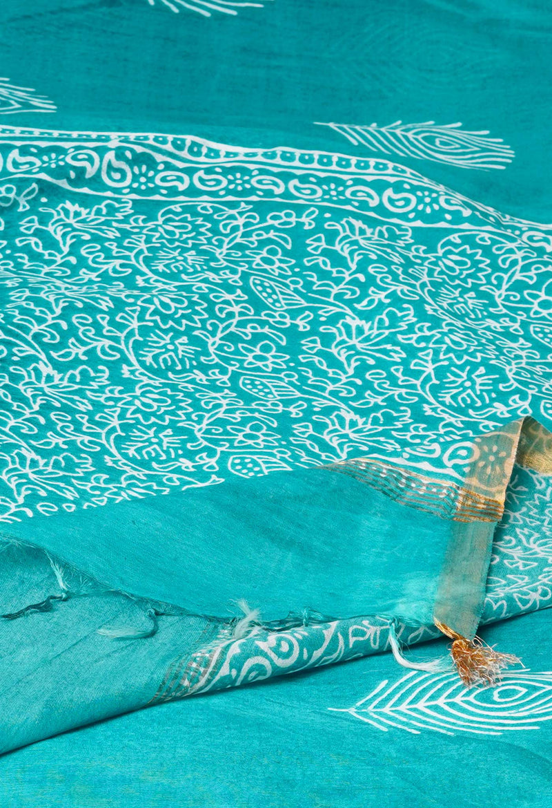 Teal Green  Block Printed Chanderi Cotton Silk Saree-UNM72899