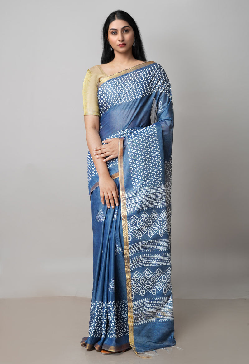 Bluish Grey  Block Printed Chanderi Cotton Silk Saree-UNM72901