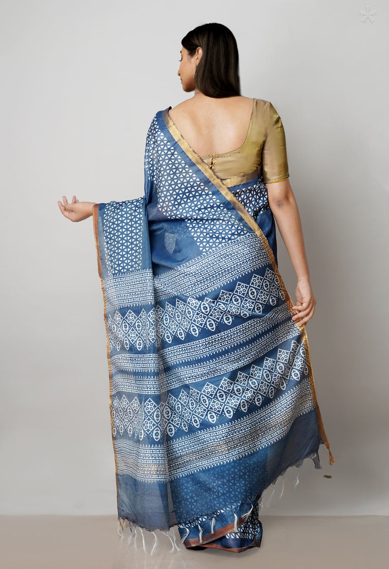 Bluish Grey  Block Printed Chanderi Cotton Silk Saree-UNM72901
