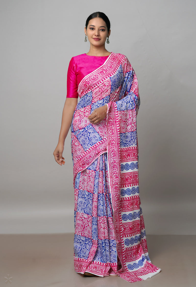 White Pure Block Printed  Superfine Mulmul Cotton Saree With Kalamkari Blouse Piece-UNM72902
