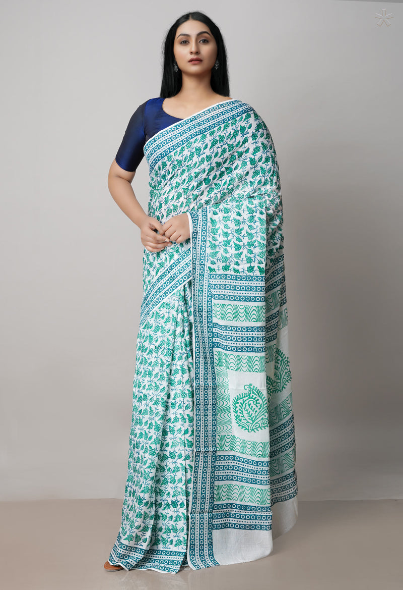 White Pure Block Printed  Superfine Mulmul Cotton Saree With Kalamkari Blouse Piece-UNM72903