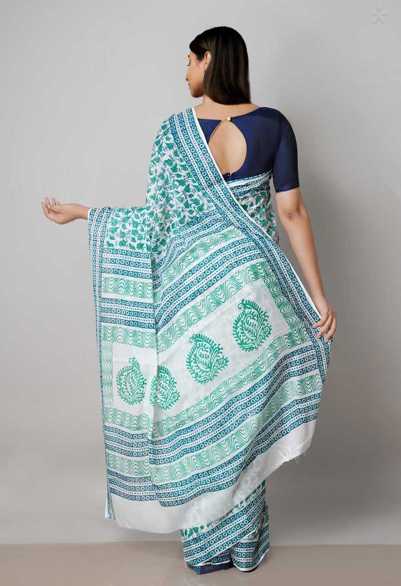White Pure Block Printed  Superfine Mulmul Cotton Saree With Kalamkari Blouse Piece-UNM72903