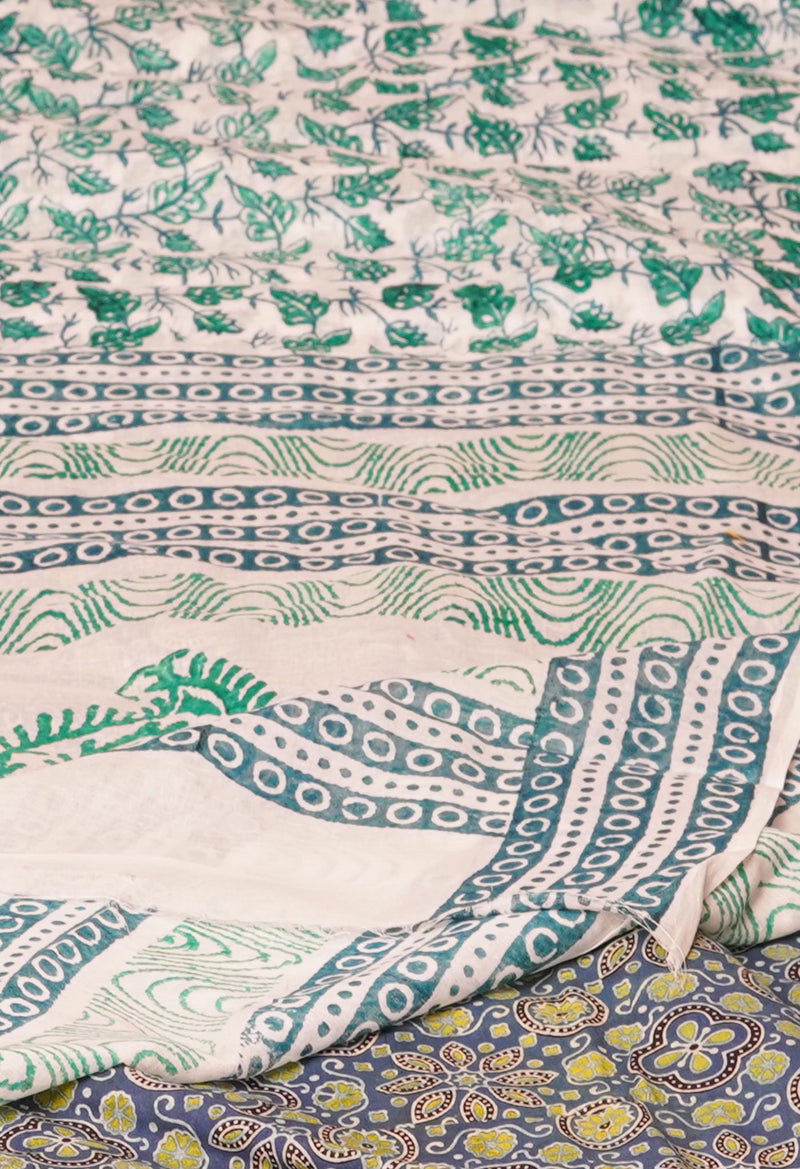 White Pure Block Printed  Superfine Mulmul Cotton Saree With Kalamkari Blouse Piece-UNM72903