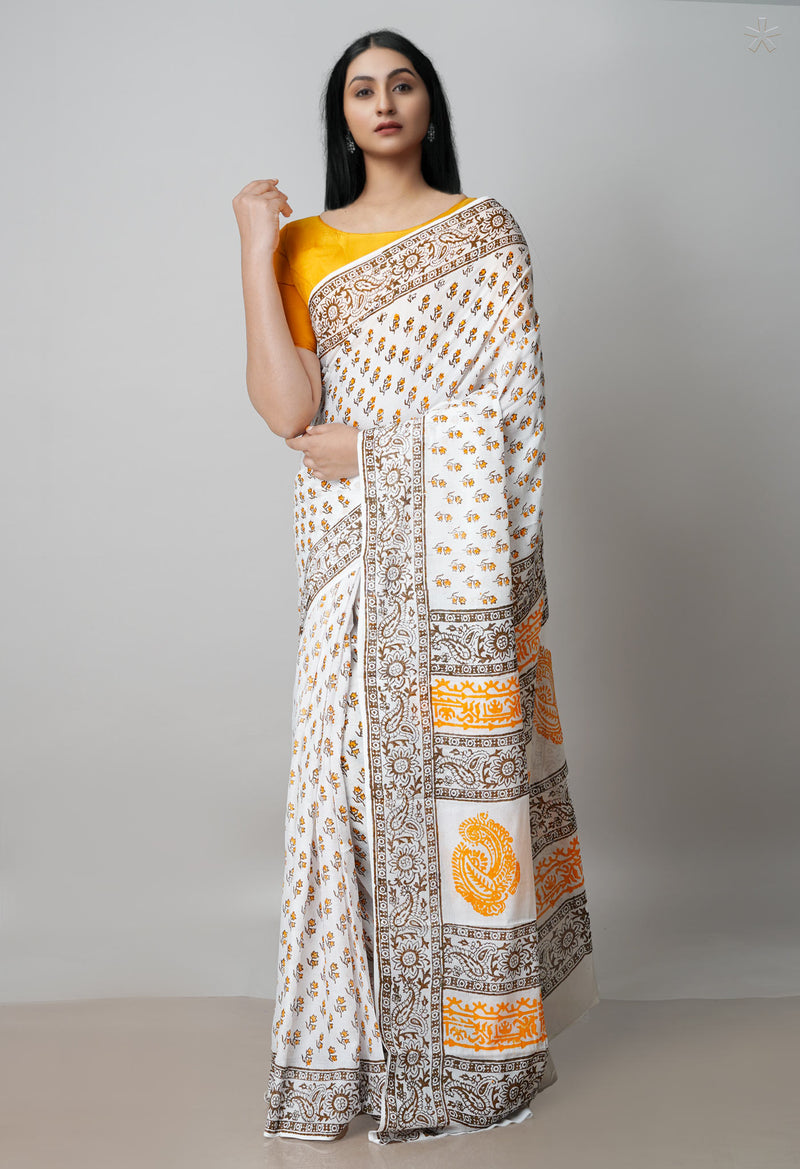 White Pure Block Printed  Superfine Mulmul Cotton Saree With Kalamkari Blouse Piece-UNM72904