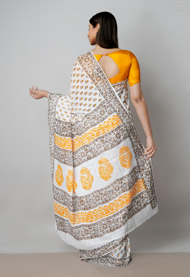 White Pure Block Printed  Superfine Mulmul Cotton Saree With Kalamkari Blouse Piece-UNM72904