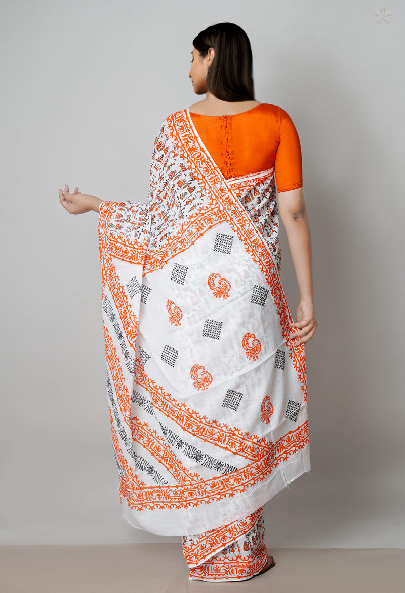 White Pure Block Printed  Superfine Mulmul Cotton Saree With Kalamkari Blouse Piece-UNM72906