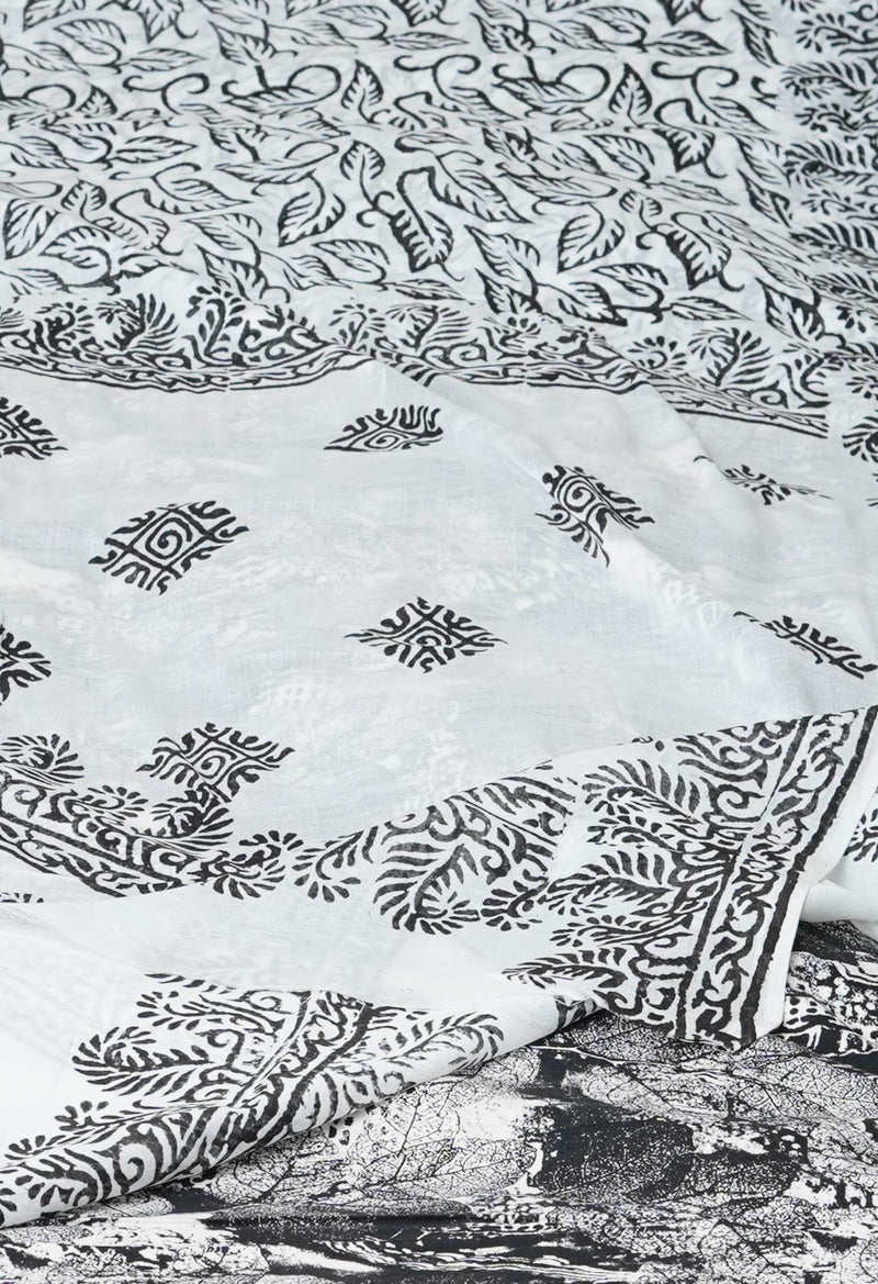 White Pure Block Printed  Superfine Mulmul Cotton Saree With Kalamkari Blouse Piece-UNM72909