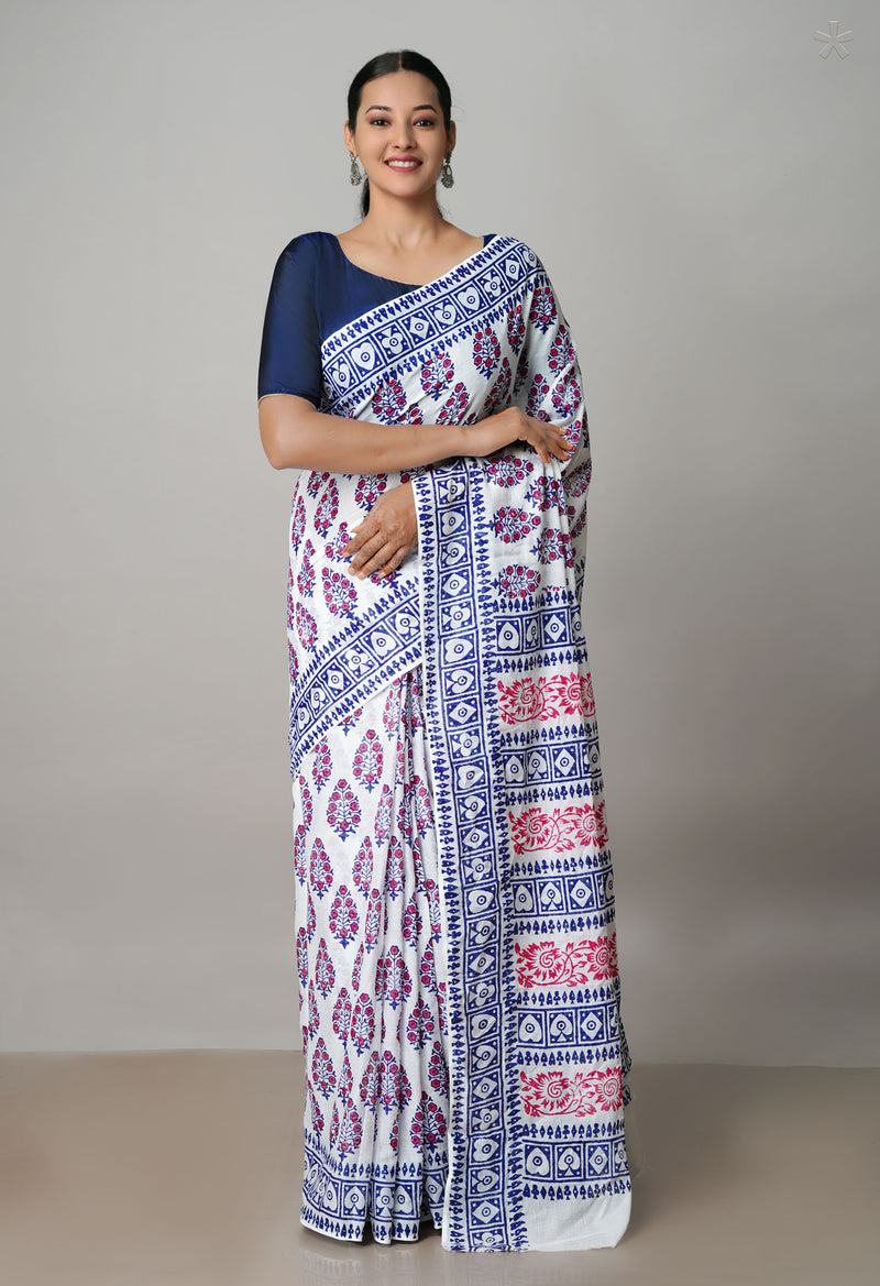 White Pure Block Printed  Superfine Mulmul Cotton Saree With Kalamkari Blouse Piece-UNM72931