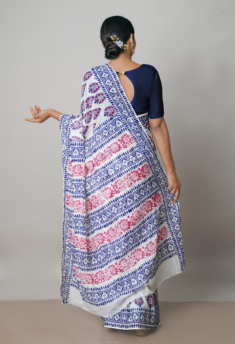White Pure Block Printed  Superfine Mulmul Cotton Saree With Kalamkari Blouse Piece-UNM72931