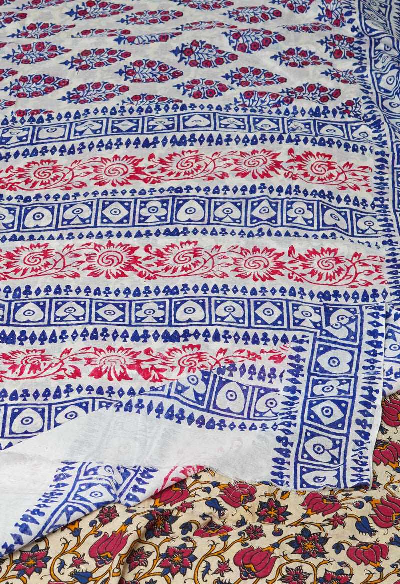 White Pure Block Printed  Superfine Mulmul Cotton Saree With Kalamkari Blouse Piece-UNM72931