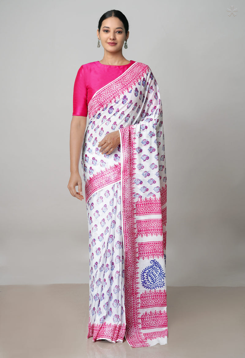 White Pure Block Printed  Superfine Mulmul Cotton Saree With Kalamkari Blouse Piece-UNM72933