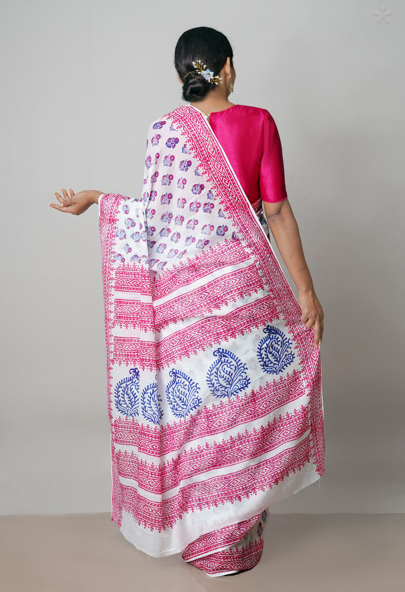 White Pure Block Printed  Superfine Mulmul Cotton Saree With Kalamkari Blouse Piece-UNM72933