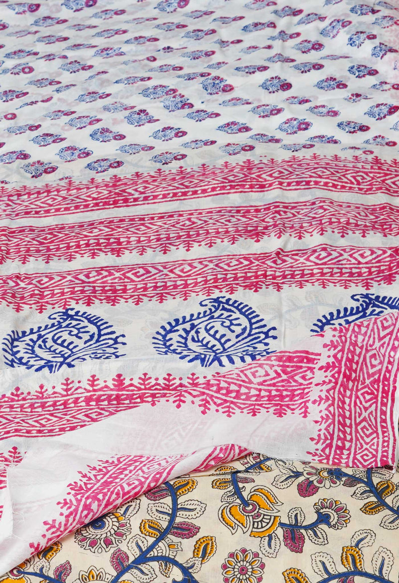White Pure Block Printed  Superfine Mulmul Cotton Saree With Kalamkari Blouse Piece-UNM72933
