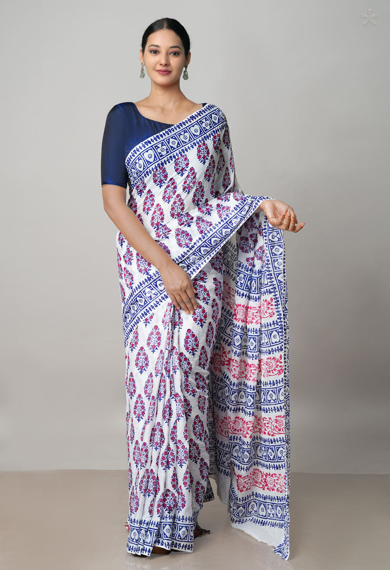 White Pure Block Printed  Superfine Mulmul Cotton Saree With Kalamkari Blouse Piece-UNM72936