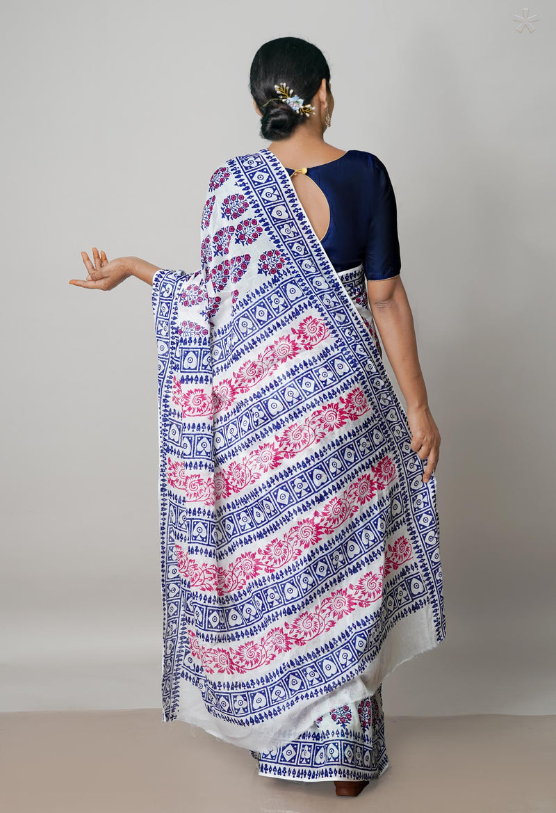 White Pure Block Printed  Superfine Mulmul Cotton Saree With Kalamkari Blouse Piece-UNM72936