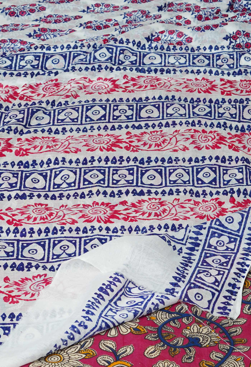 White Pure Block Printed  Superfine Mulmul Cotton Saree With Kalamkari Blouse Piece-UNM72936