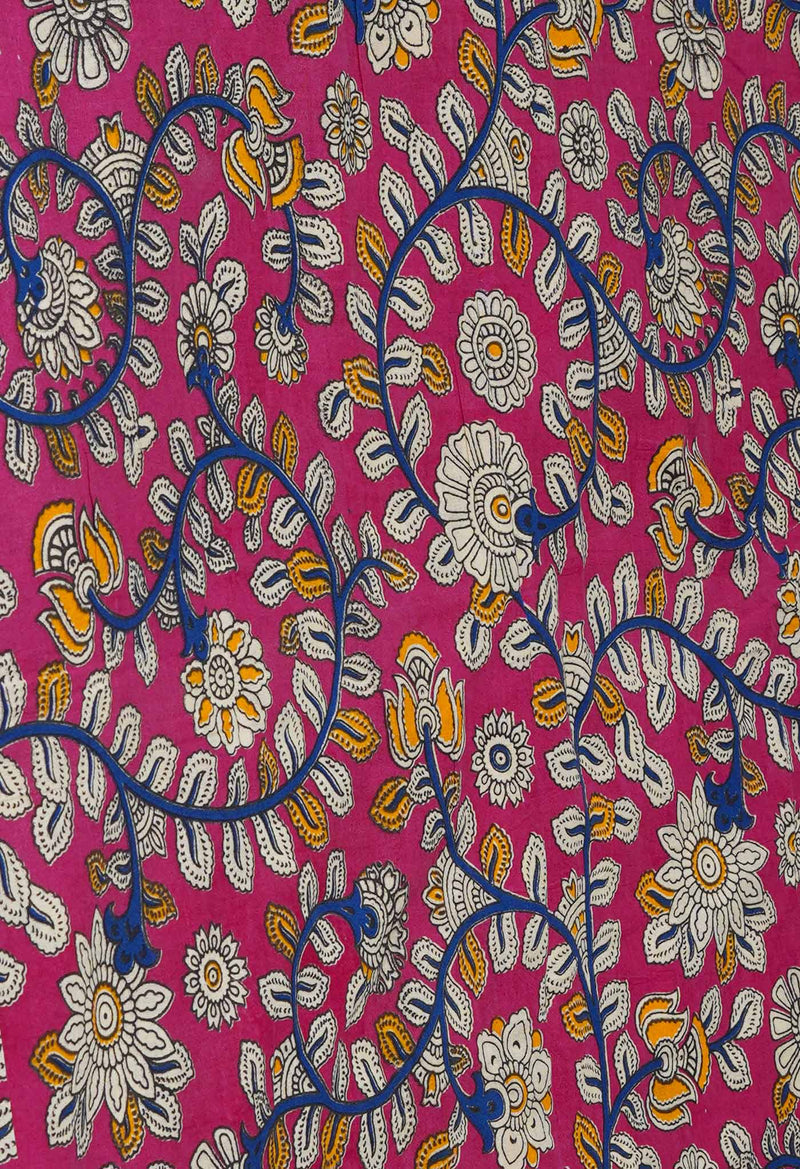 White Pure Block Printed  Superfine Mulmul Cotton Saree With Kalamkari Blouse Piece-UNM72936