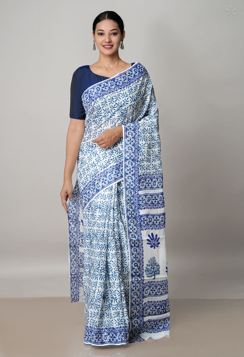 White Pure Block Printed  Superfine Mulmul Cotton Saree With Kalamkari Blouse Piece-UNM72937