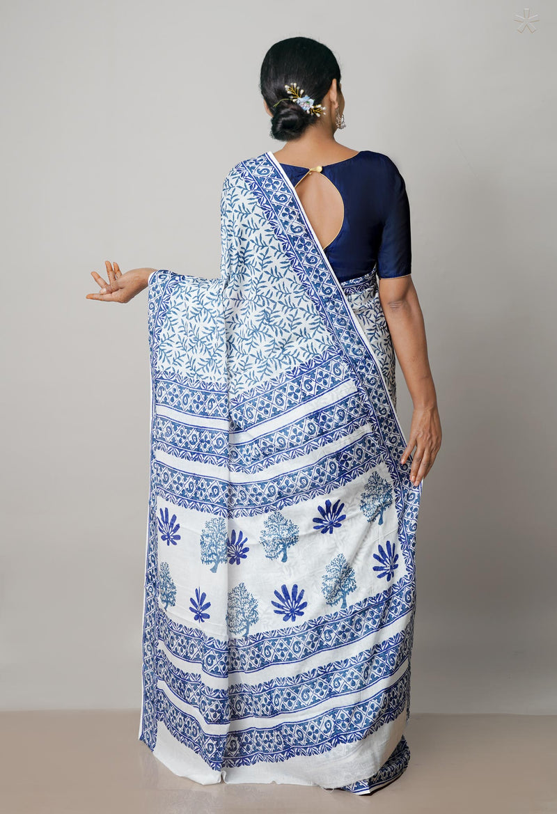 White Pure Block Printed  Superfine Mulmul Cotton Saree With Kalamkari Blouse Piece-UNM72937