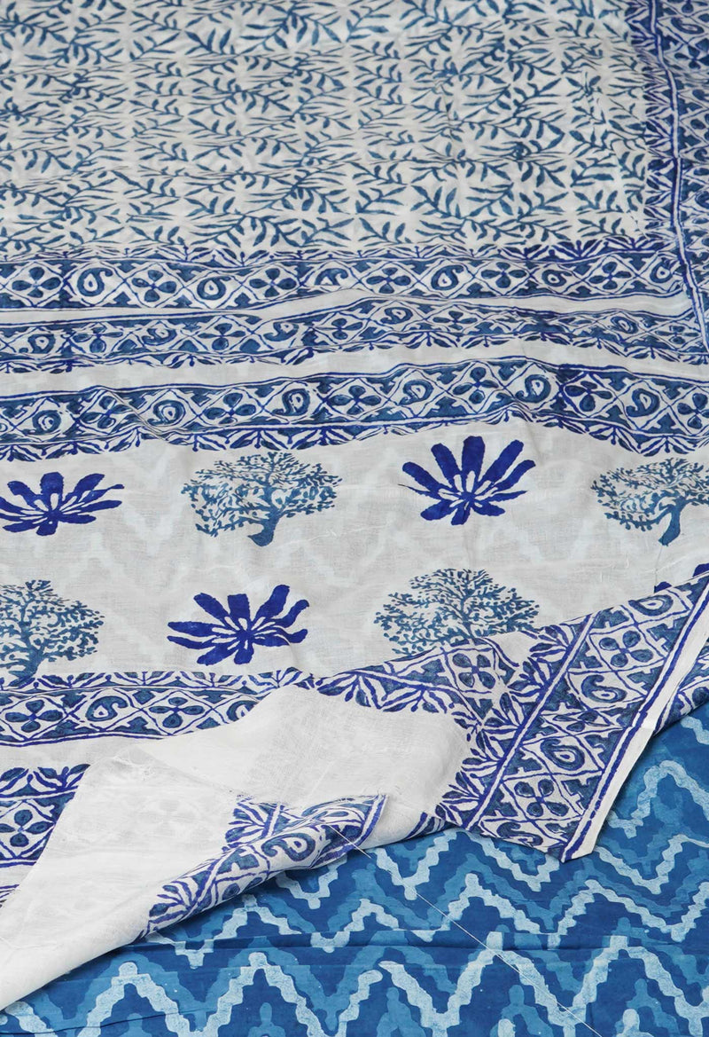 White Pure Block Printed  Superfine Mulmul Cotton Saree With Kalamkari Blouse Piece-UNM72937