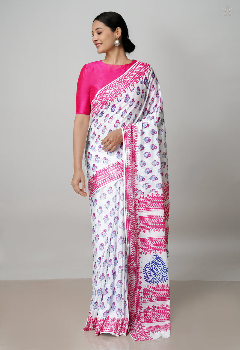 White Pure Block Printed  Superfine Mulmul Cotton Saree With Kalamkari Blouse Piece-UNM72938