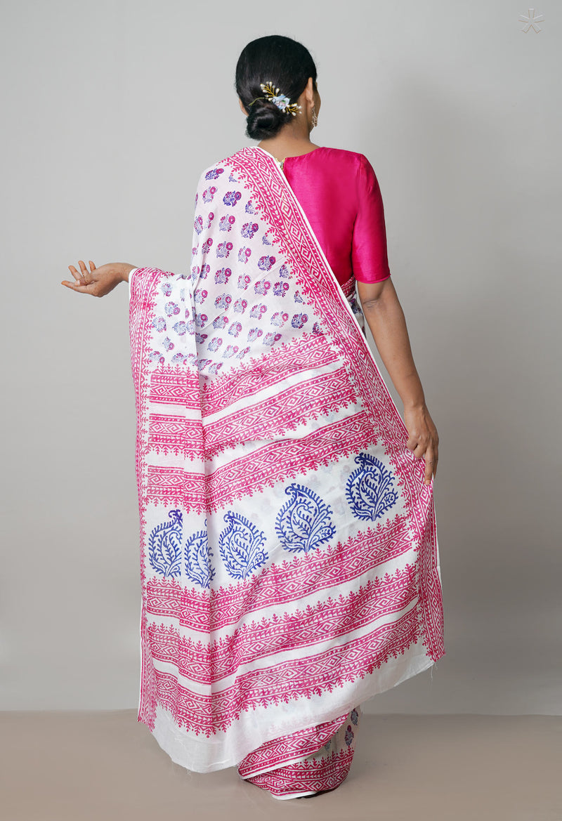 White Pure Block Printed  Superfine Mulmul Cotton Saree With Kalamkari Blouse Piece-UNM72938