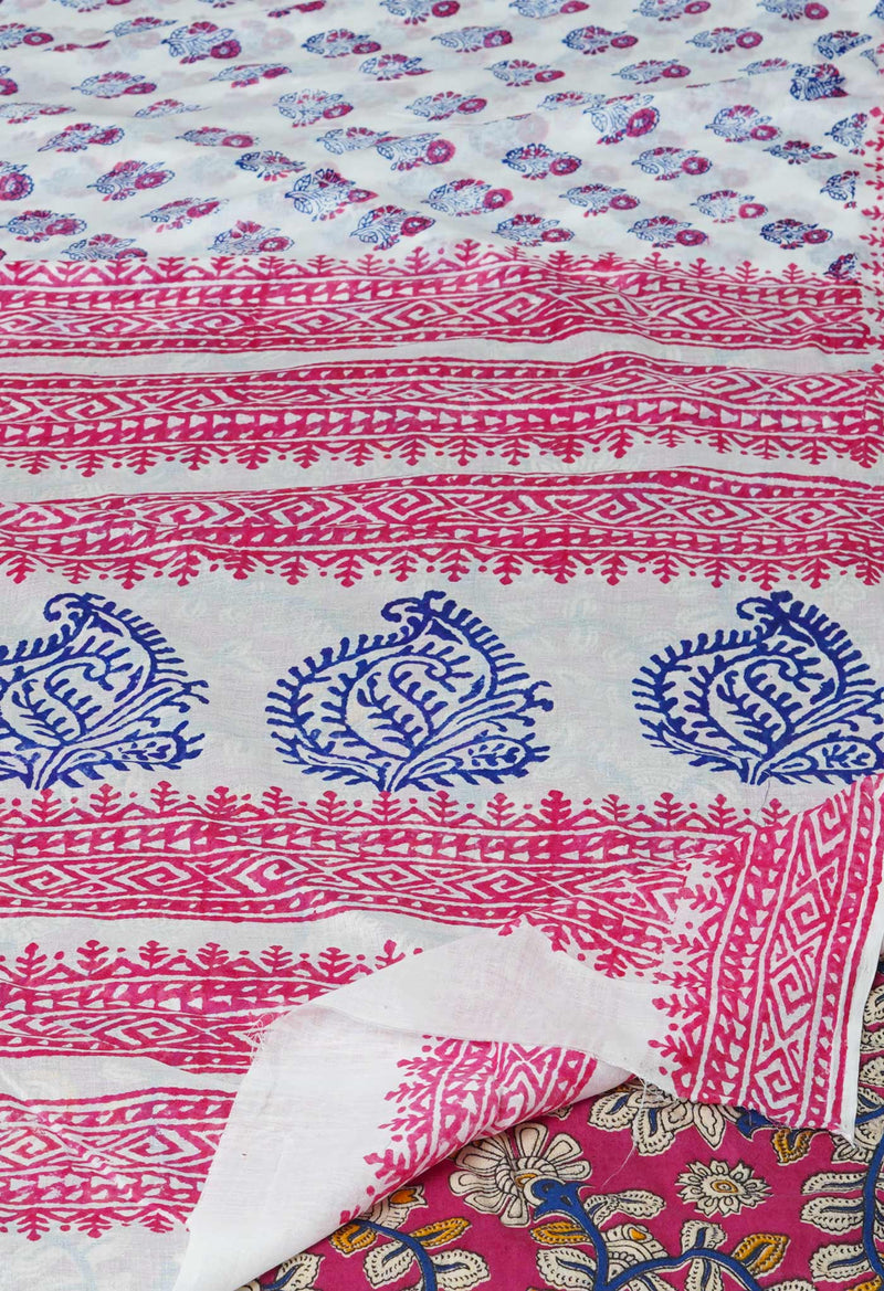 White Pure Block Printed  Superfine Mulmul Cotton Saree With Kalamkari Blouse Piece-UNM72938