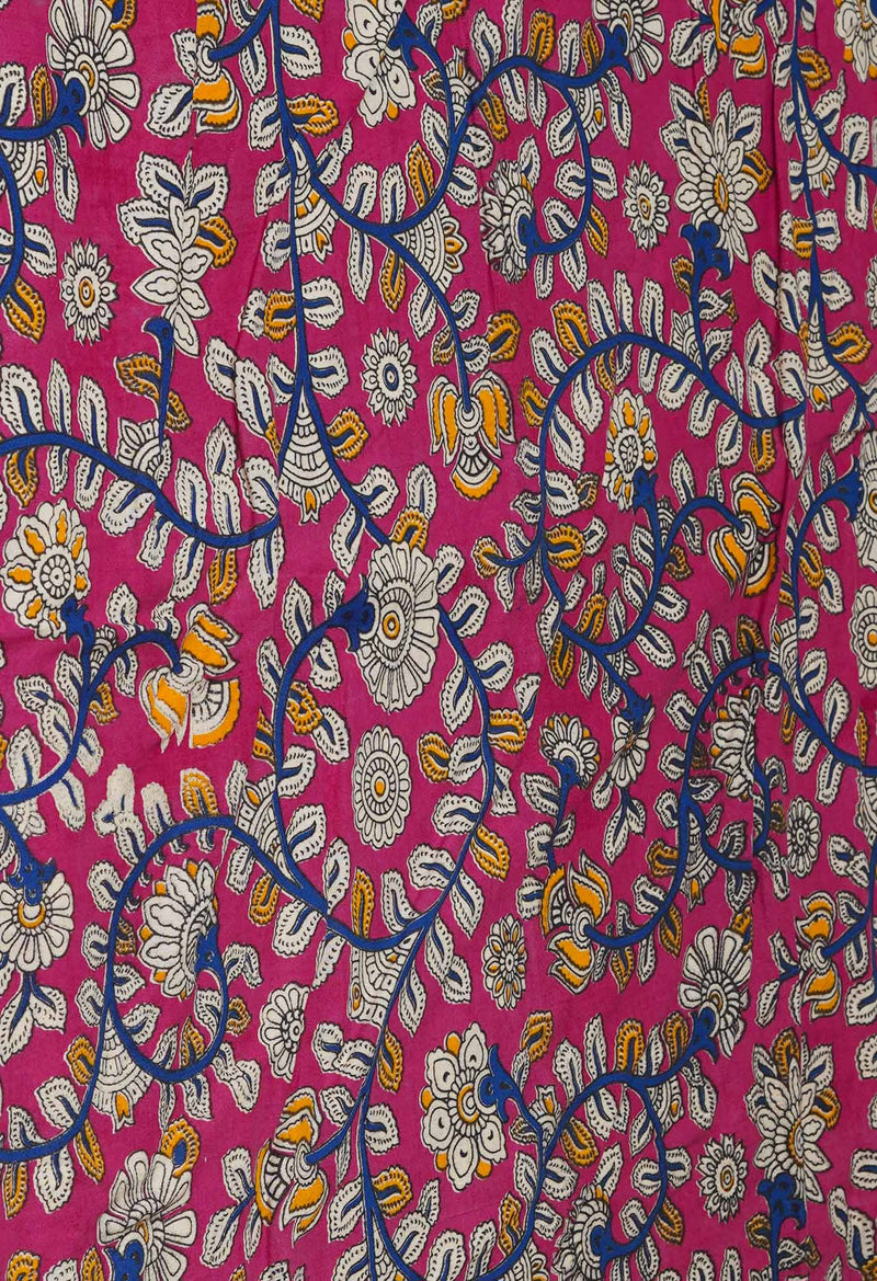 White Pure Block Printed  Superfine Mulmul Cotton Saree With Kalamkari Blouse Piece-UNM72938