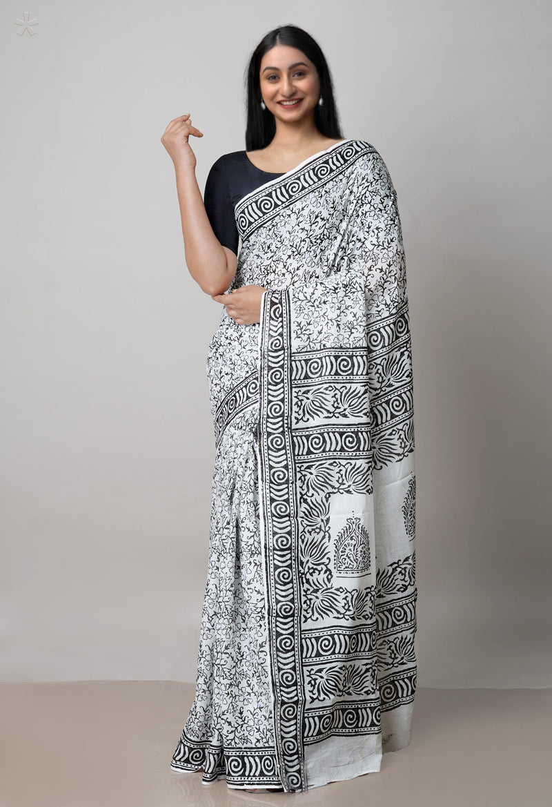 White Pure Block Printed  Superfine Mulmul Cotton Saree With Kalamkari Blouse Piece-UNM72940