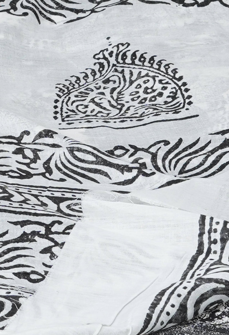 White Pure Block Printed  Superfine Mulmul Cotton Saree With Kalamkari Blouse Piece-UNM72940