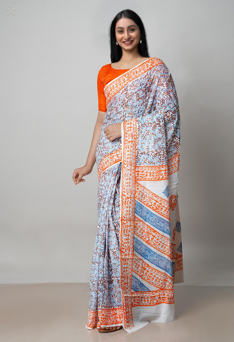 White Pure Block Printed  Superfine Mulmul Cotton Saree With Kalamkari Blouse Piece-UNM72941