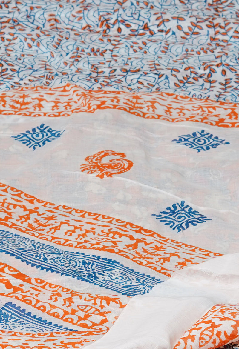 White Pure Block Printed  Superfine Mulmul Cotton Saree With Kalamkari Blouse Piece-UNM72941