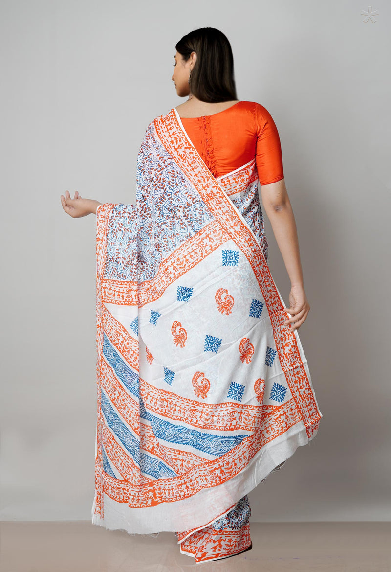White Pure Block Printed  Superfine Mulmul Cotton Saree With Kalamkari Blouse Piece-UNM72941