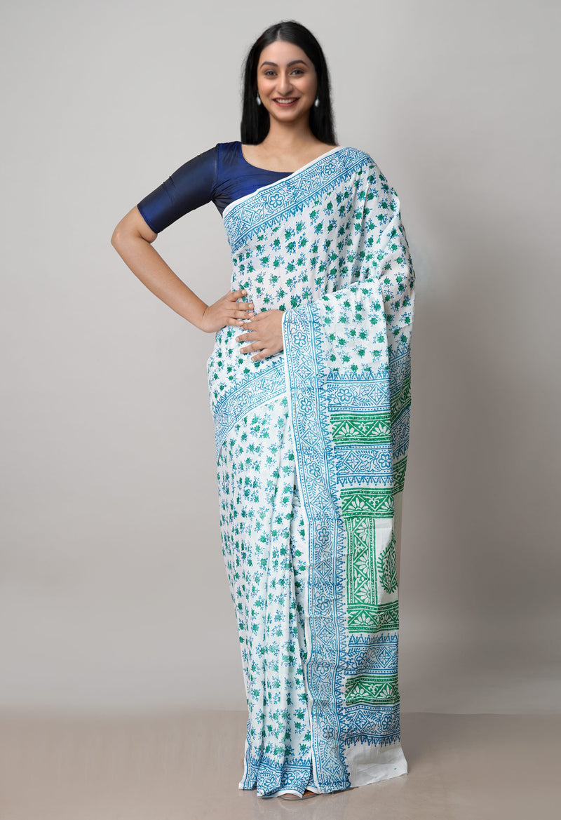 White Pure Block Printed  Superfine Mulmul Cotton Saree With Kalamkari Blouse Piece-UNM72943