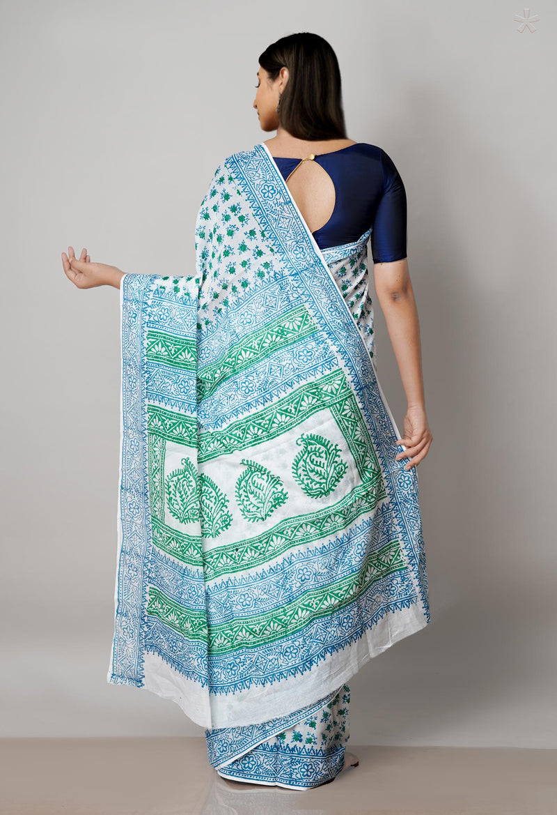 White Pure Block Printed  Superfine Mulmul Cotton Saree With Kalamkari Blouse Piece-UNM72943