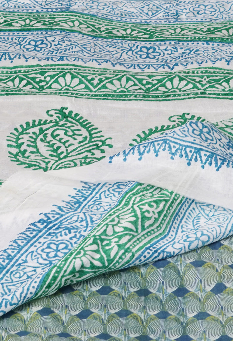White Pure Block Printed  Superfine Mulmul Cotton Saree With Kalamkari Blouse Piece-UNM72943